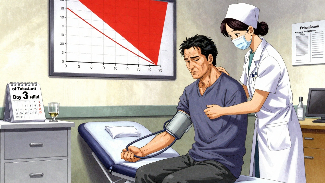 Doctor checking orthostatic blood pressure in clinic, wine glass and medical charts visible, patient looking pale.