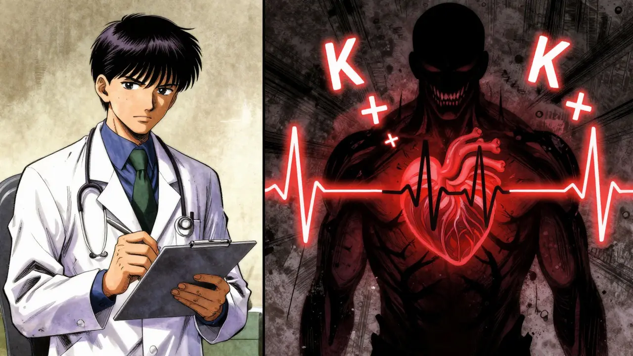 Doctor prescribing antibiotic while patient's heart shows dangerous fibrillation