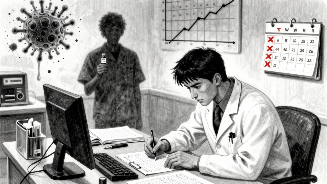 Doctor reviews blood tests under dim light, shadowy health risks looming over lab results in gritty Gekiga style.