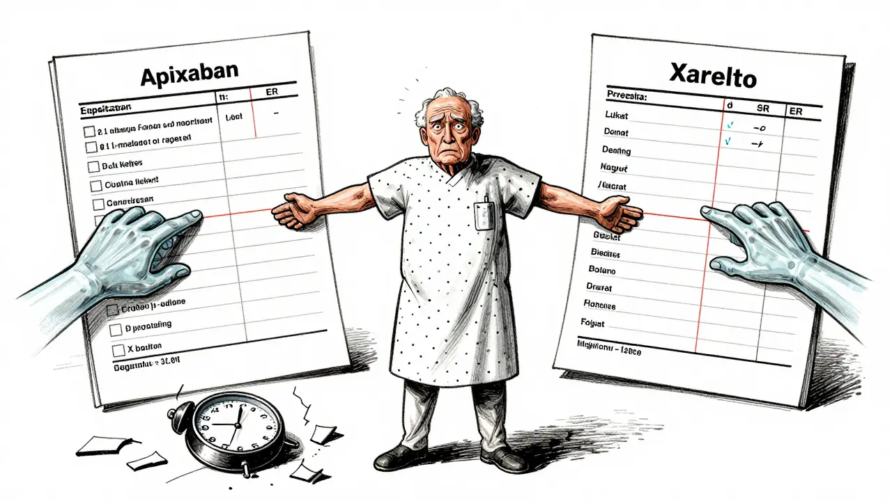 Elderly patient pulled between conflicting medication charts in a hospital.