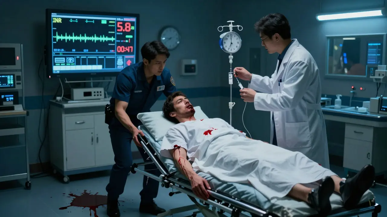 Emergency room scene with unconscious patient bleeding, doctor administering PCC, INR monitor showing critical value