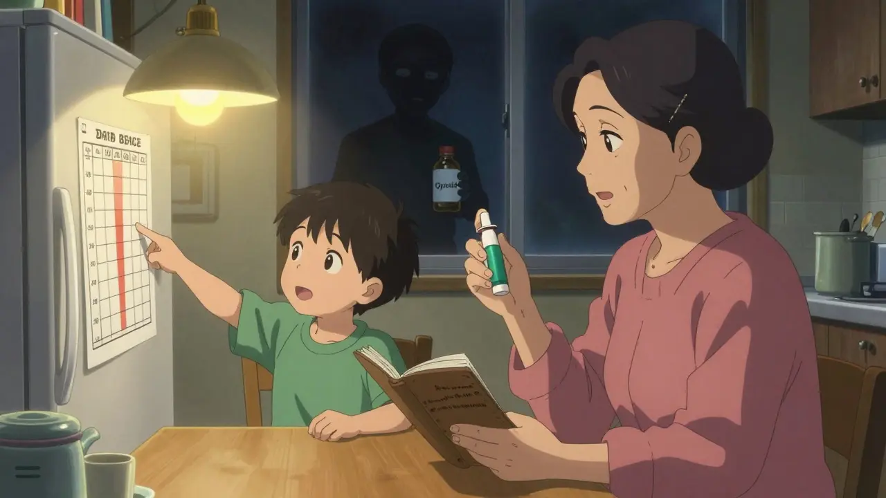 Family at kitchen table with naloxone and pain journal, light glowing warmly against dark window.