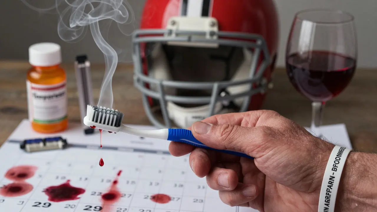 Hand holding soft toothbrush and medical alert bracelet, forbidden items fading into smoke, single blood drop mid-fall