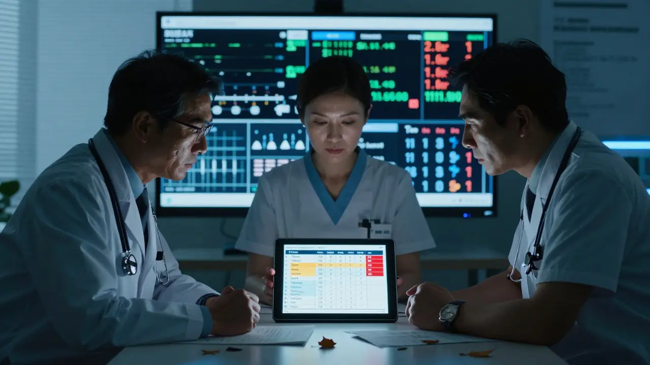 Hospital committee reviewing tiered drug formulary with glowing digital interface.