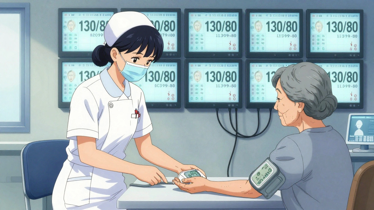 Japanese nurse giving home blood pressure monitor to elderly woman, digital screens showing low readings in clinic.