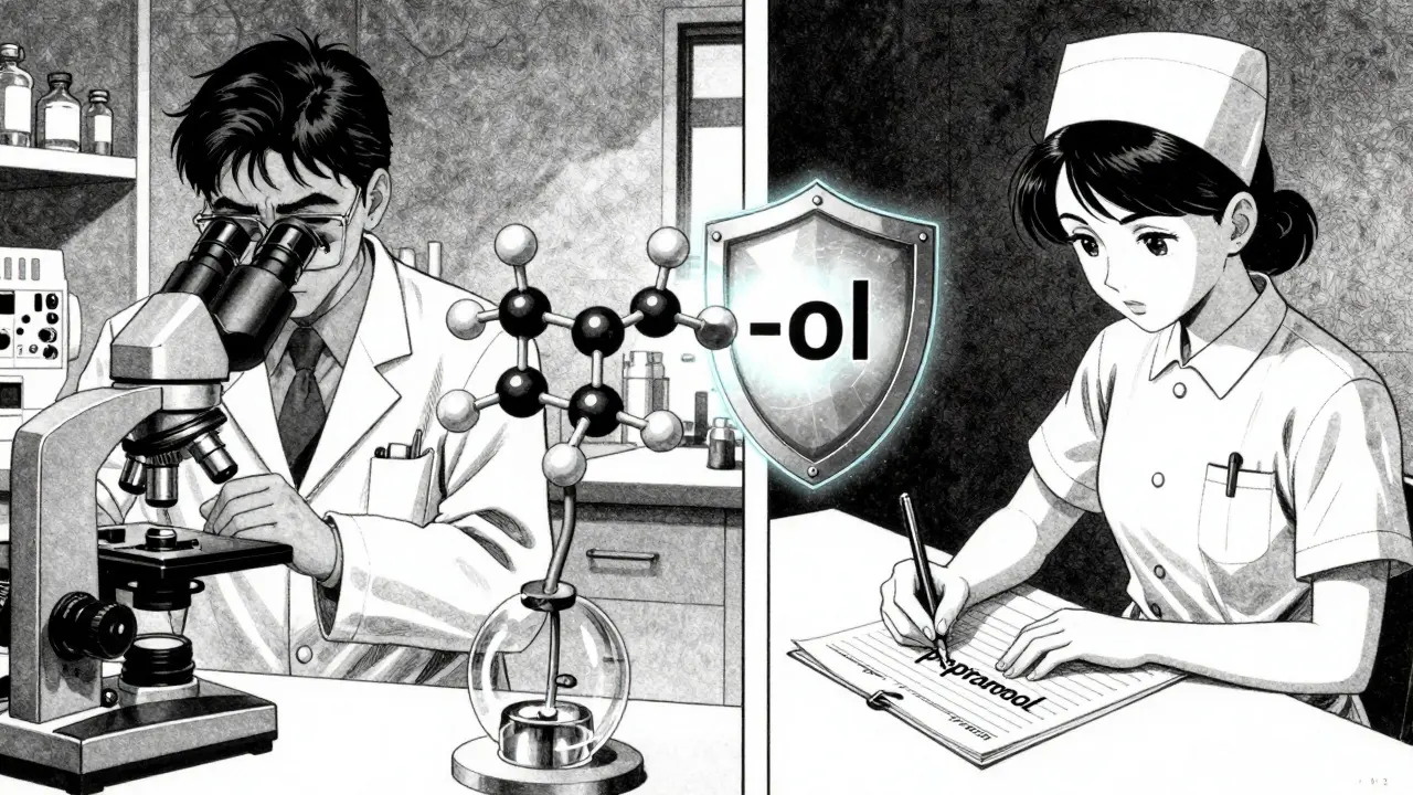 Lab scientist and nurse separated by a glowing drug stem symbol, representing scientific and clinical naming.