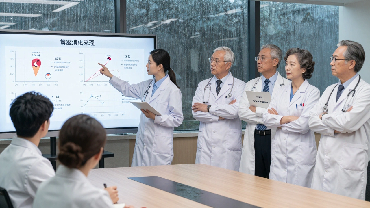 Medical conference with doctors divided over blood pressure targets, rain on windows, patient files visible.