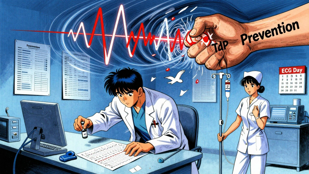 Medical team treating Torsades de Pointes with swirling ECG storm above them, magnesium vial in hand.