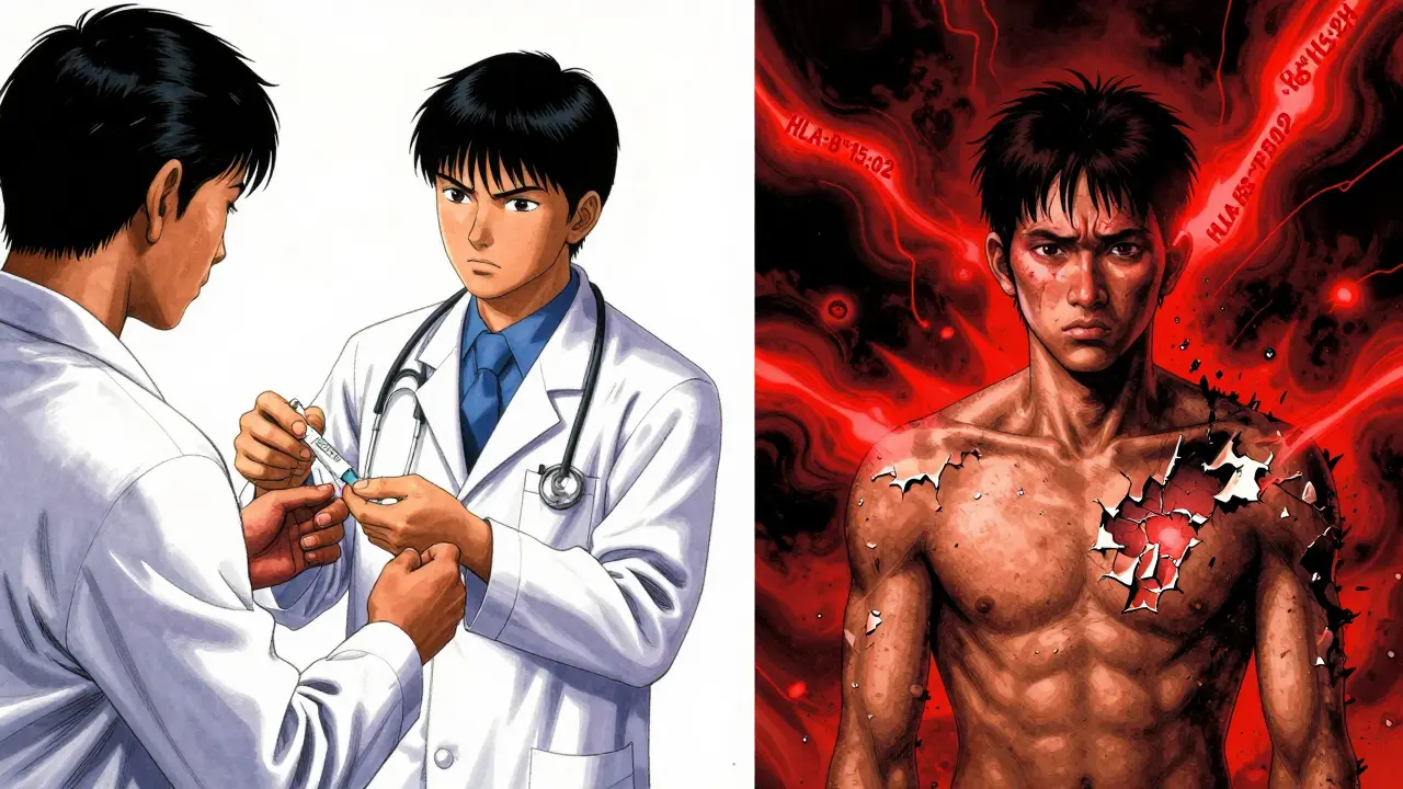 Patient experiencing severe skin reaction from drug, gene marker glowing red.