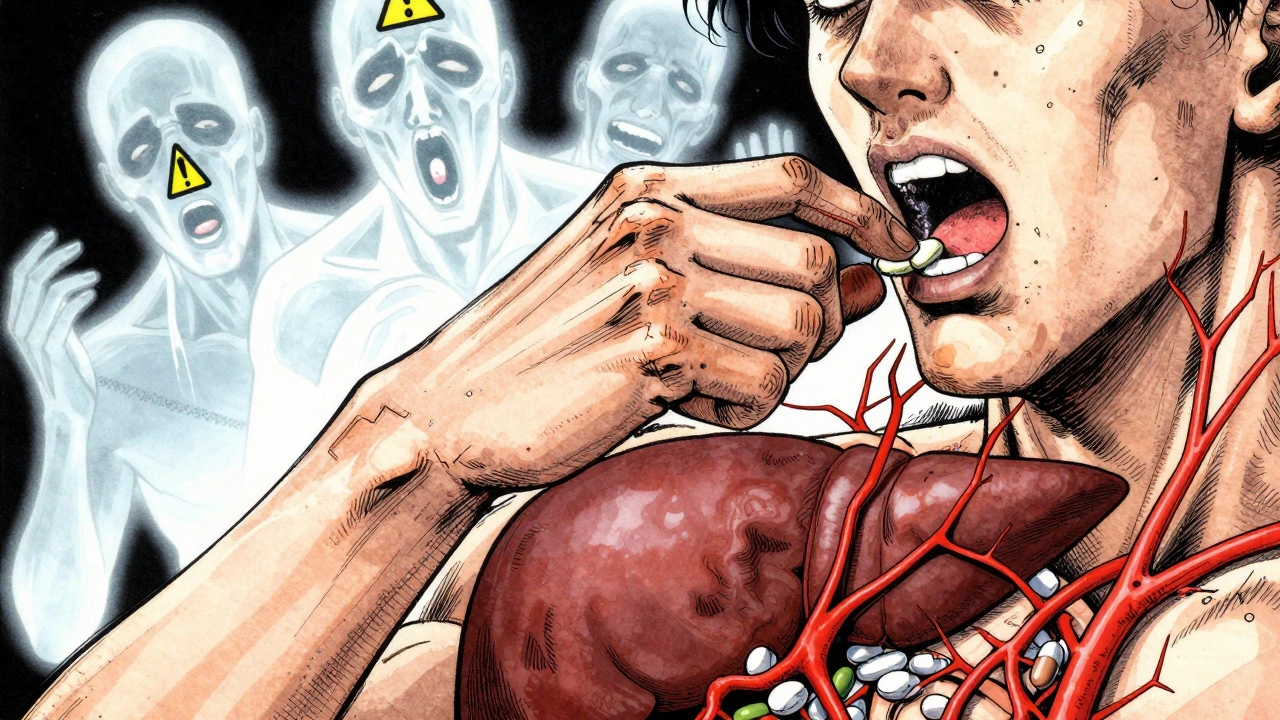 Patient swallowing azole pill with toxic drug interactions visualized as haunting red veins and ghostly medications.