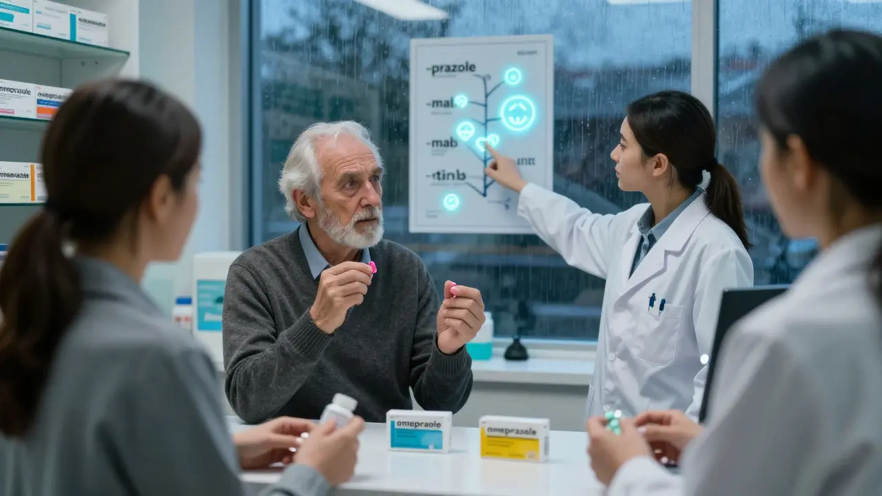 Patients at pharmacy counter holding different pills with same generic name, pharmacist pointing to educational stems poster.