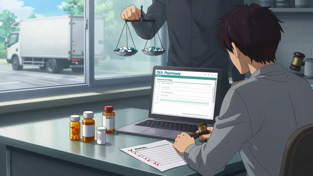 Person at home with pill bottles and transfer checklist, moving truck visible outside window