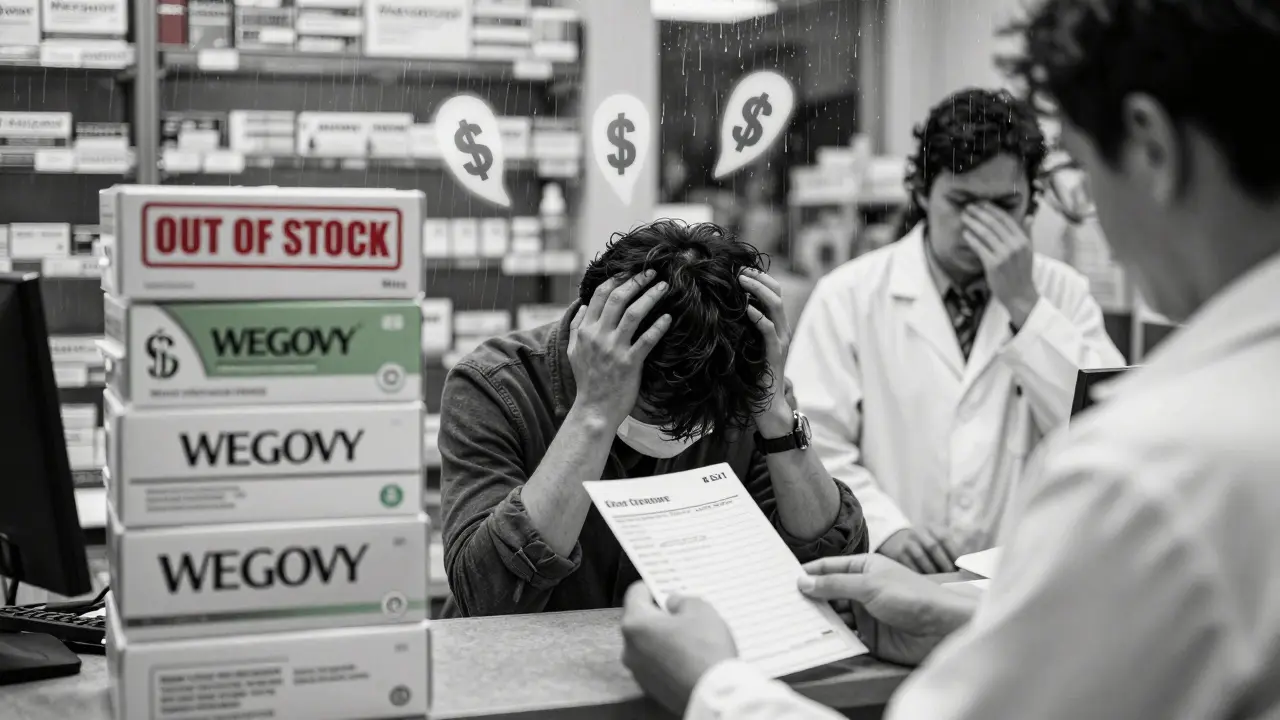 Person at pharmacy facing out-of-stock GLP-1 medication with financial stress