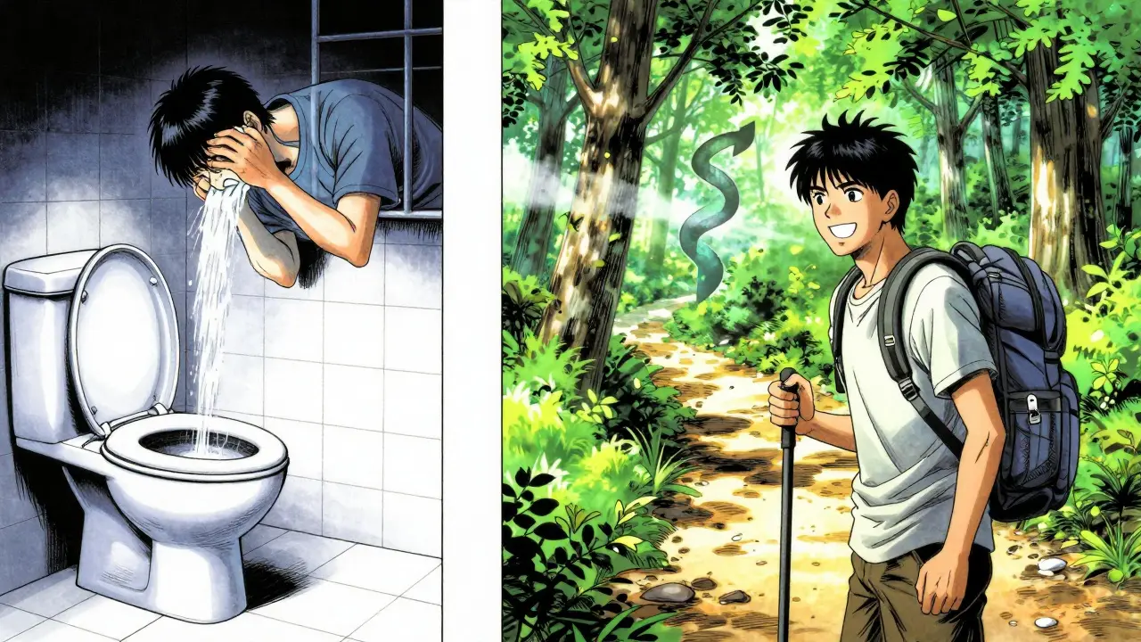 Person transitioning from nausea at night to hiking happily in daylight