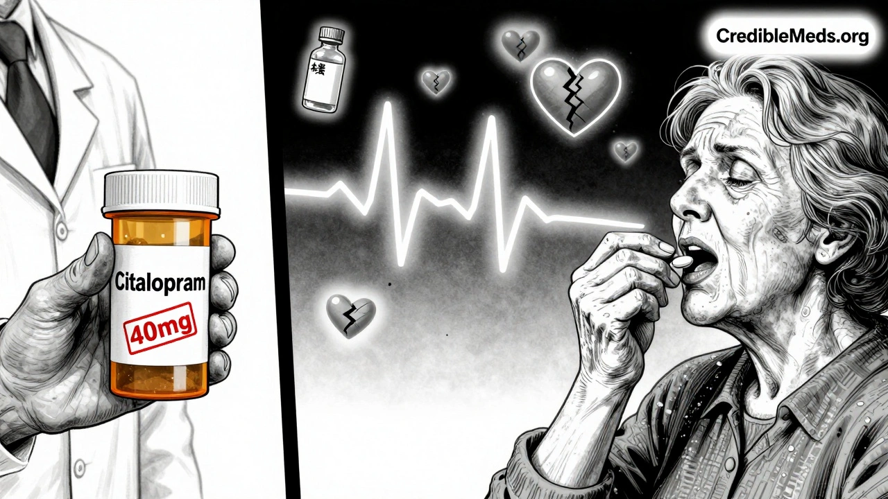 Pharmacist and elderly woman with ghostly QT interval and warning icons floating around prescription bottle.