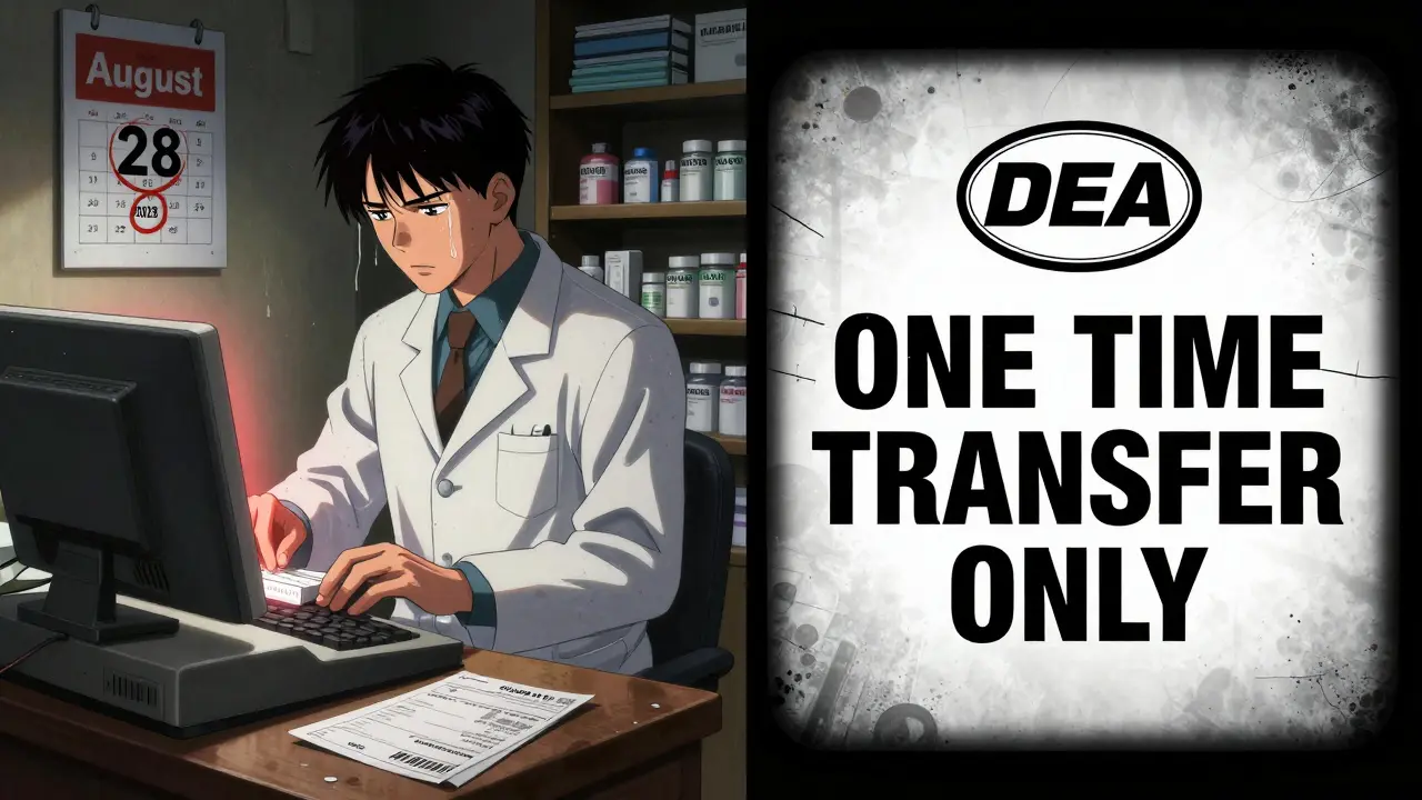 Pharmacist verifying controlled substance transfer with DEA one-time rule warning on screen