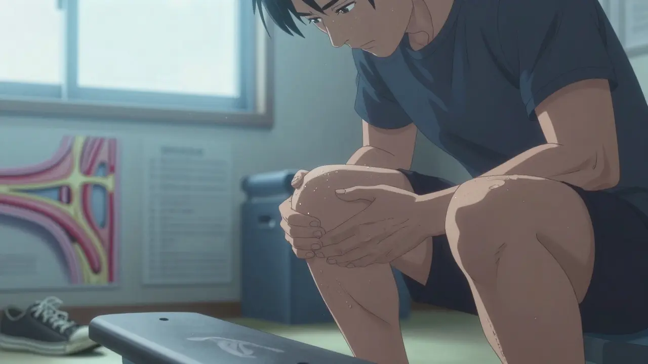 Physical therapist correcting a patient's decline board squat, focused expressions, clinical lighting, tendon healing visuals in background.