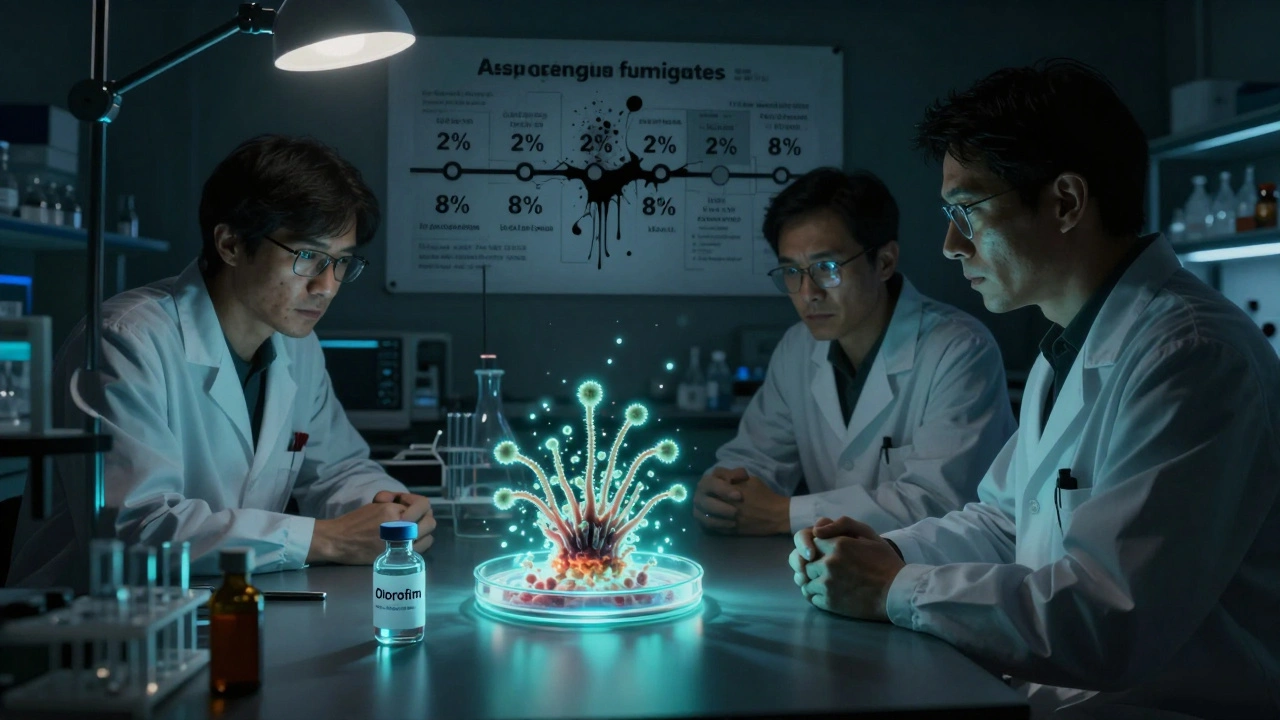 Scientists face resistant fungus in lab, glowing vial of new antifungal in foreground under harsh single light.
