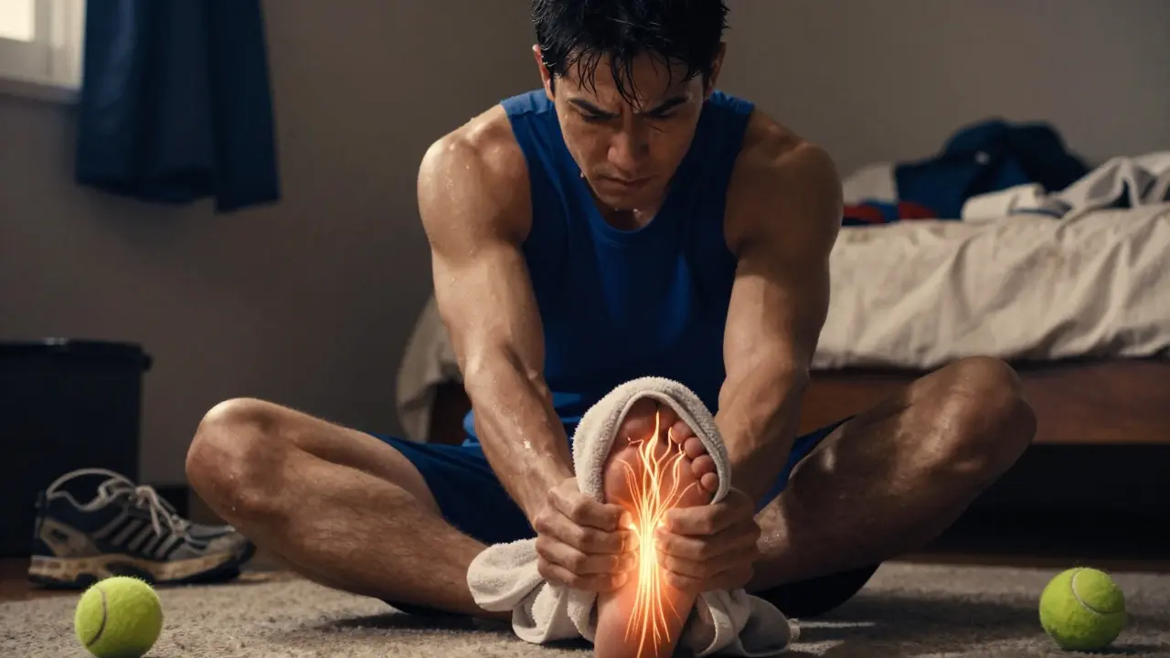 Someone stretching their foot with a towel, focused expression, fibrous band glowing under tension.