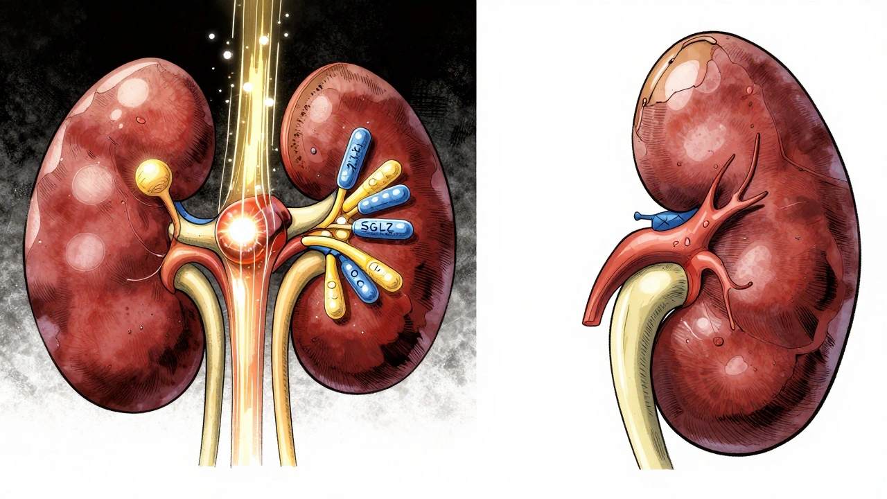 Split illustration of a kidney blocking glucose reabsorption, showing biological change from stressed to healthy.