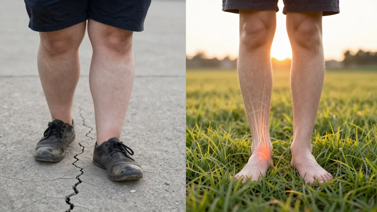 Split image: person before and after recovery, healing plantar fascia visible as woven threads.
