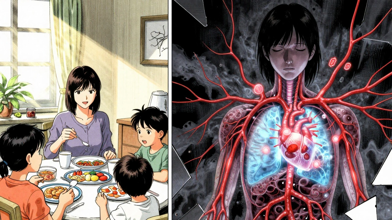 Split scene: joyful family breakfast vs. internal immune system being silenced by a drug molecule in dark anime tones.