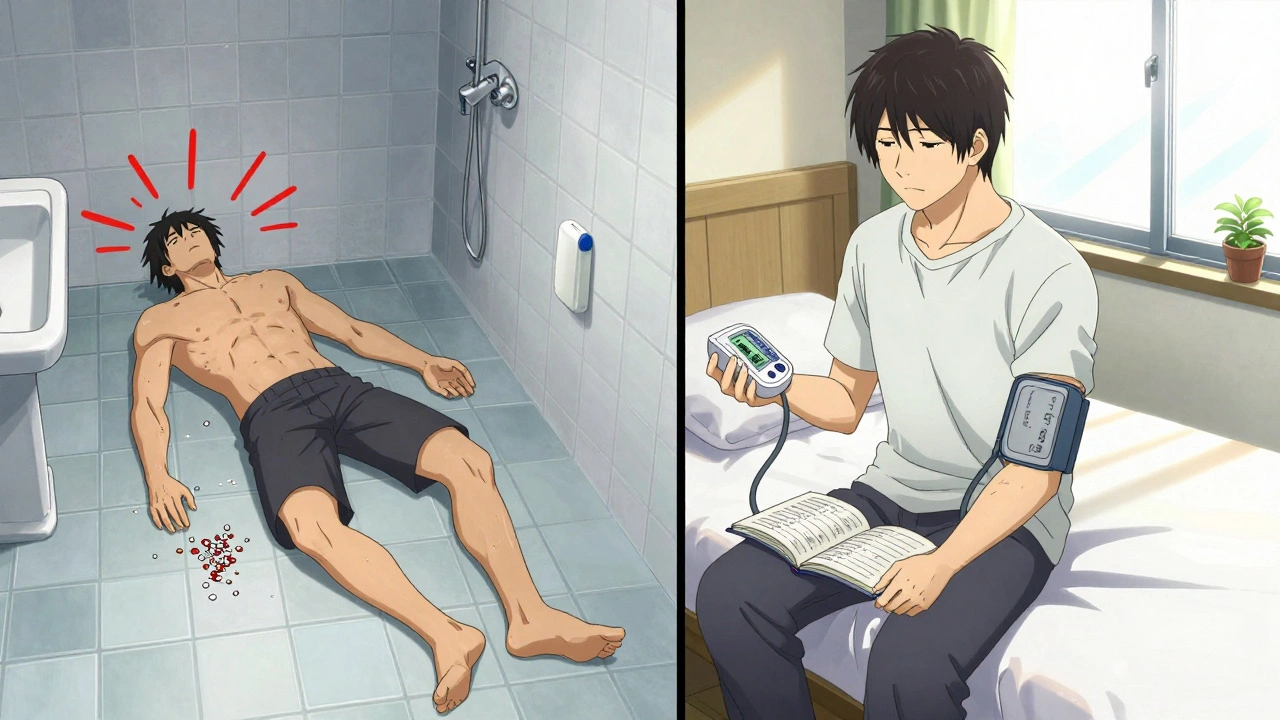 Split scene: man collapsing vs. safely sitting before standing, with blood pressure monitor and recovery logbook.