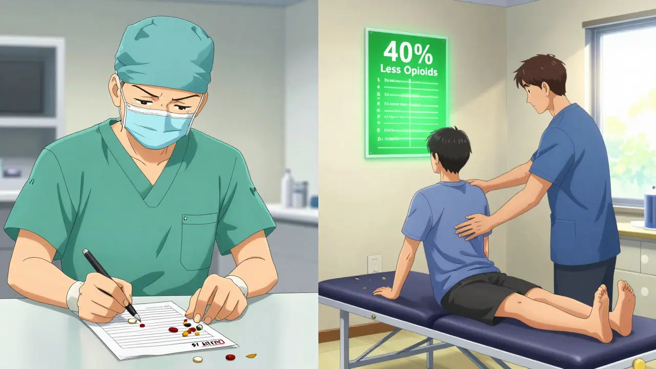 Split scene: surgeon prescribing opioids vs. physical therapist guiding recovery, symbolizing safer pain care.