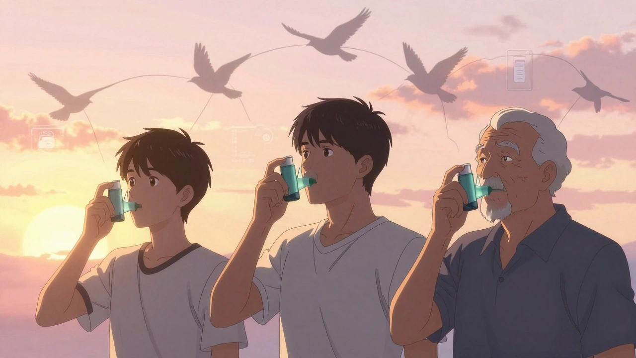 Three athletes of different ages using inhalers correctly, exhaled breath forming birds in sunrise sky.