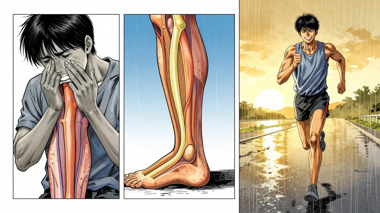 Three-panel timeline of tendon recovery: pain, isometric exercise, and return to running, color shifting from gray to gold.