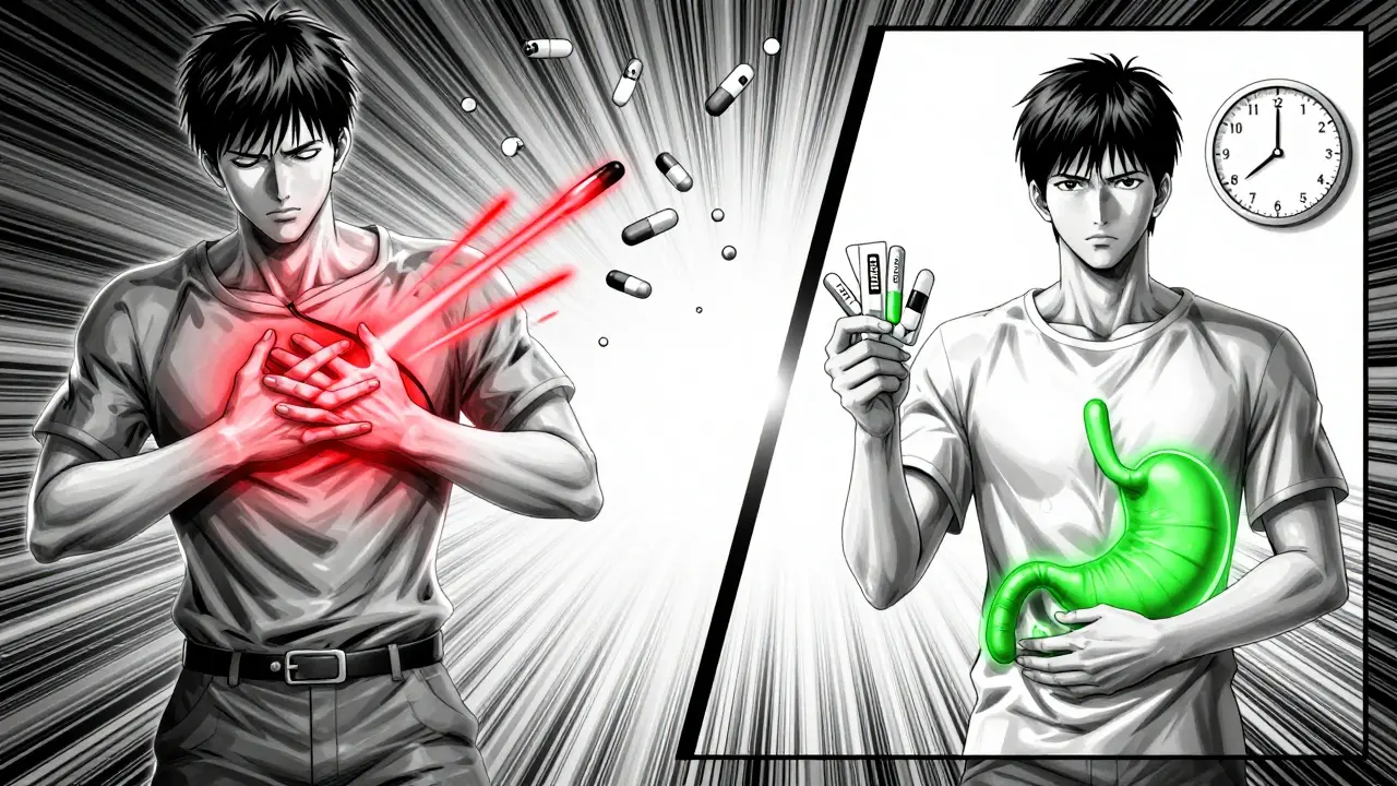 Two medical pathways: one with danger from omeprazole, another with safety from pantoprazole and esomeprazole, beside a 6–12 month clock.