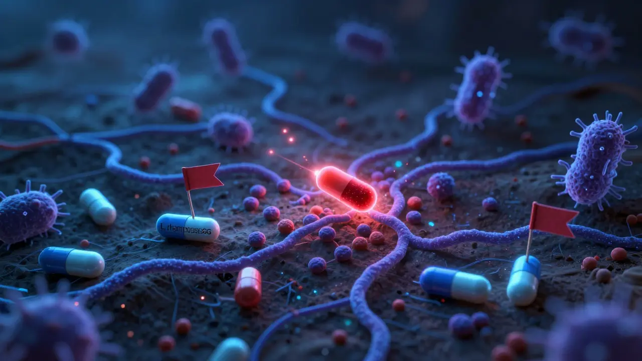 A bioluminescent gut ecosystem is damaged by antibiotics, while probiotic strains emerge as protective warriors.