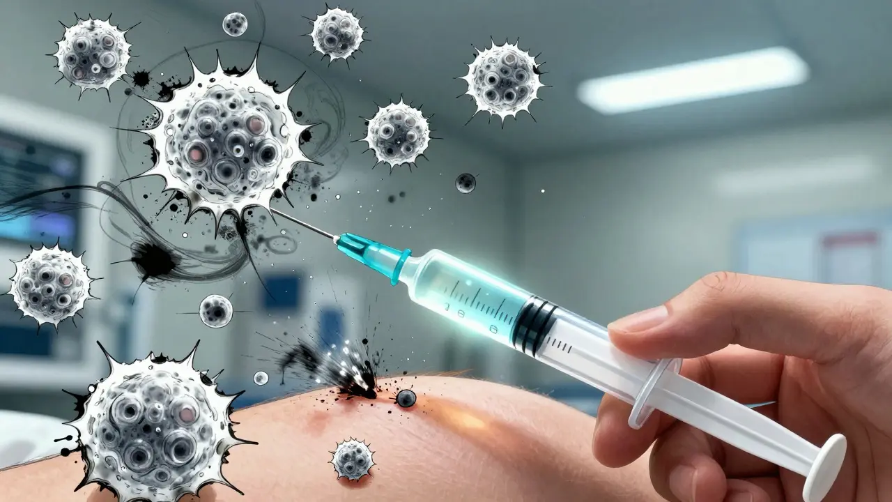 A close-up of a syringe injecting medication as abstract immune cells react violently around the injection site.