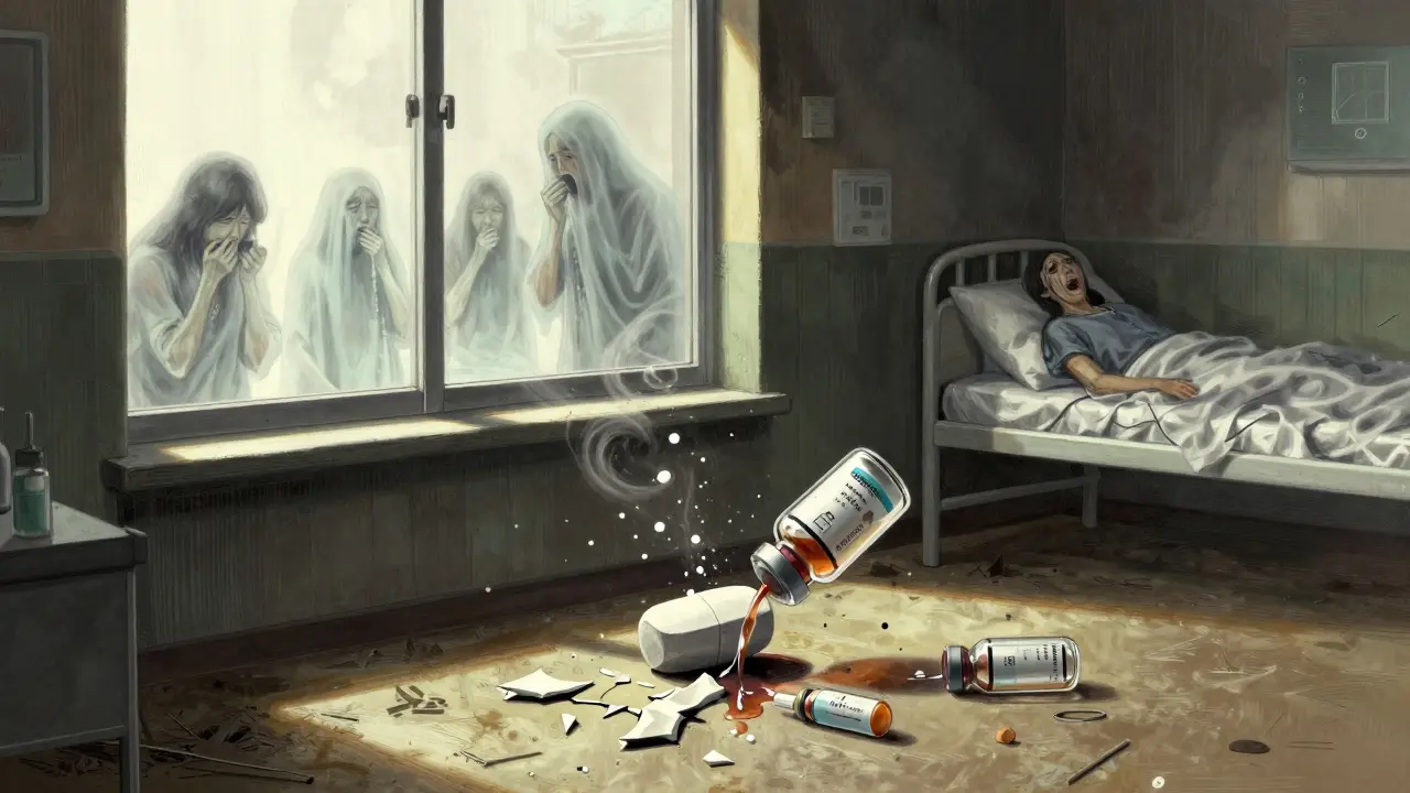 A dissolving pill transforms into ghostly patients and shattered vaccines, symbolizing storage failure consequences.