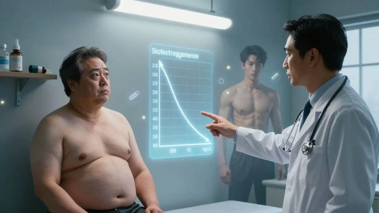 A doctor points to a testosterone graph as the patient sees his younger self fading in a mirror, medical icons floating around them.