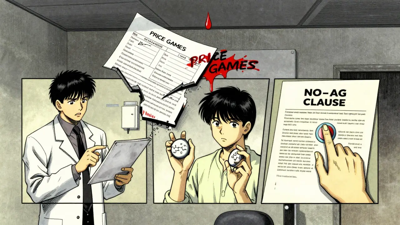 A fractured medical chart showing confusion between doctors, patients, and hidden corporate contracts.