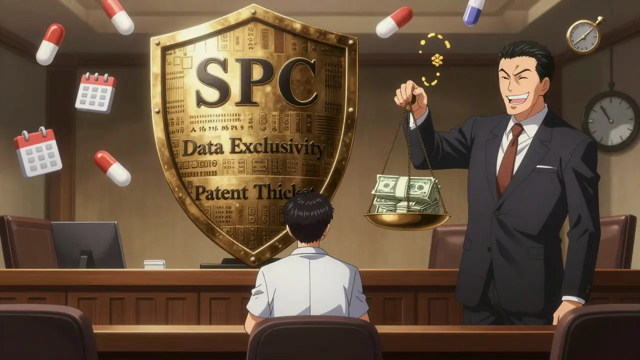 A generic drug developer faces a massive legal shield of exclusivity layers in a courtroom, with dollar bills tipping the scale.
