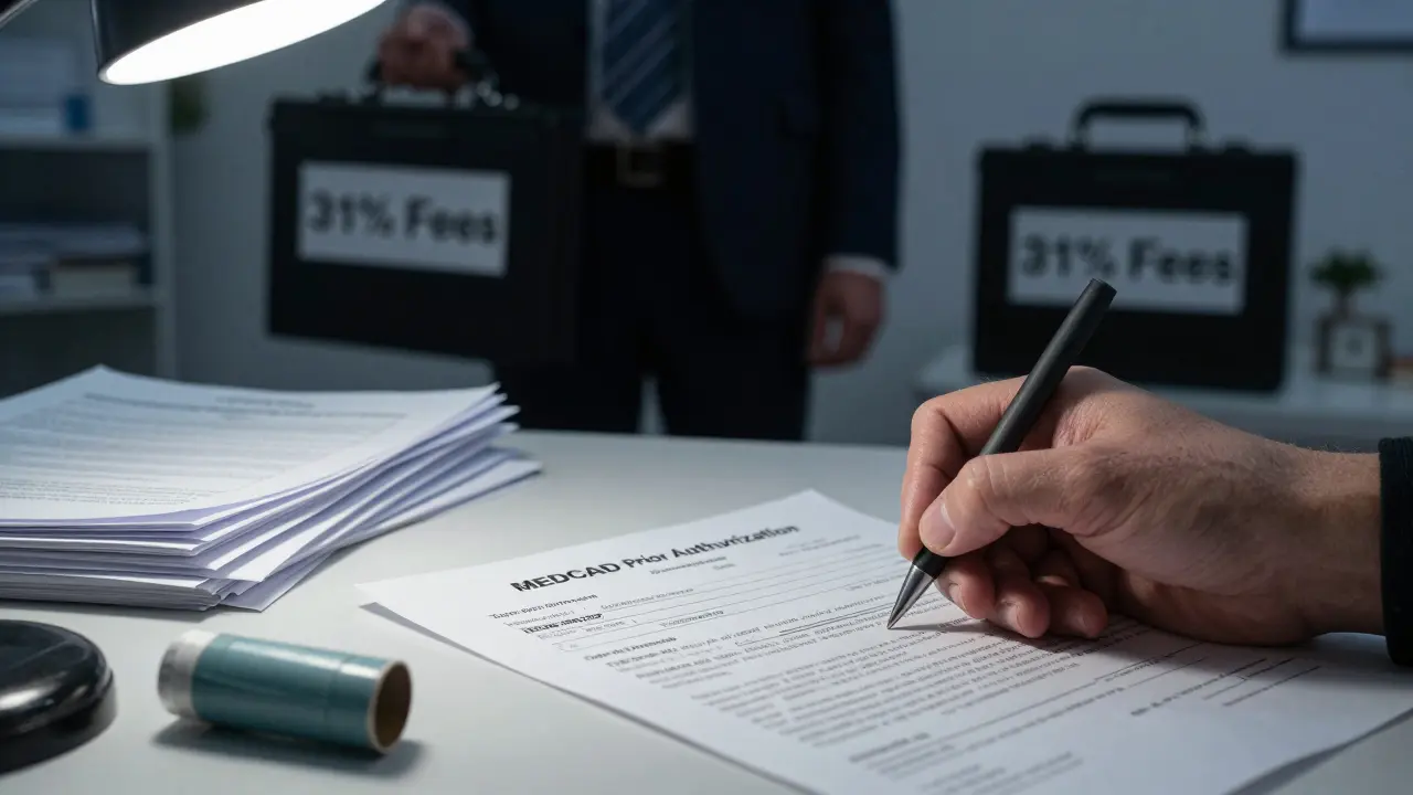 A hand signing a prior authorization form under flickering light, with a shadowy PBM executive in the background.