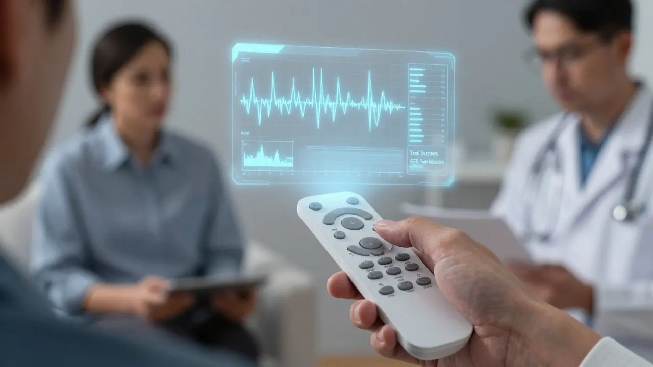 A hand uses a remote to control a holographic neural feedback display, with a psychologist and doctor in background.