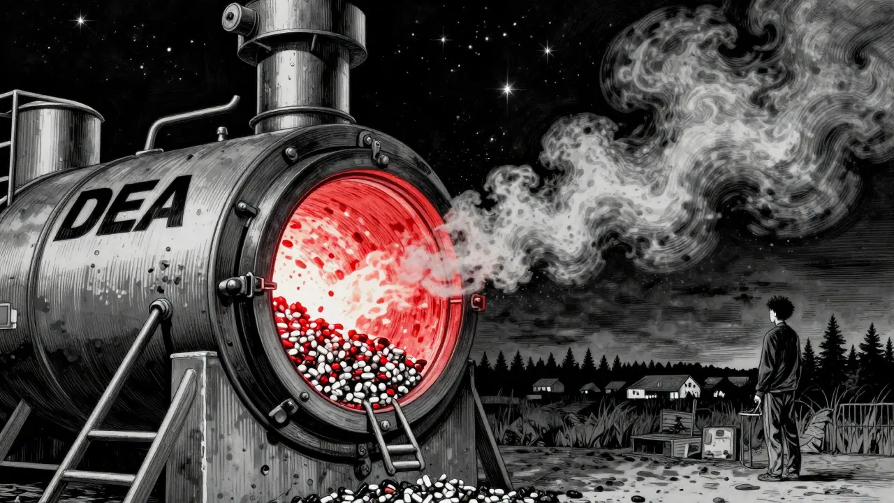 A high-temperature incinerator destroys collected medications under a starry sky.
