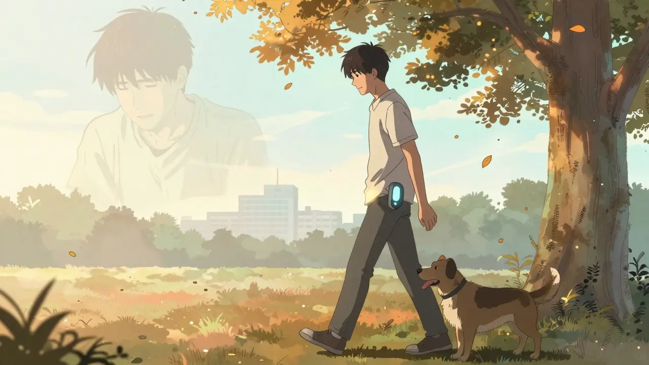 A man walking peacefully in a park with his dog, hinting at an implanted device bringing relief.