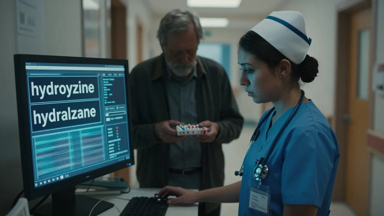A nurse stares at a glitching EHR screen with confusing drug names, while an elderly patient holds an overflowing pill organizer in a crowded hallway.