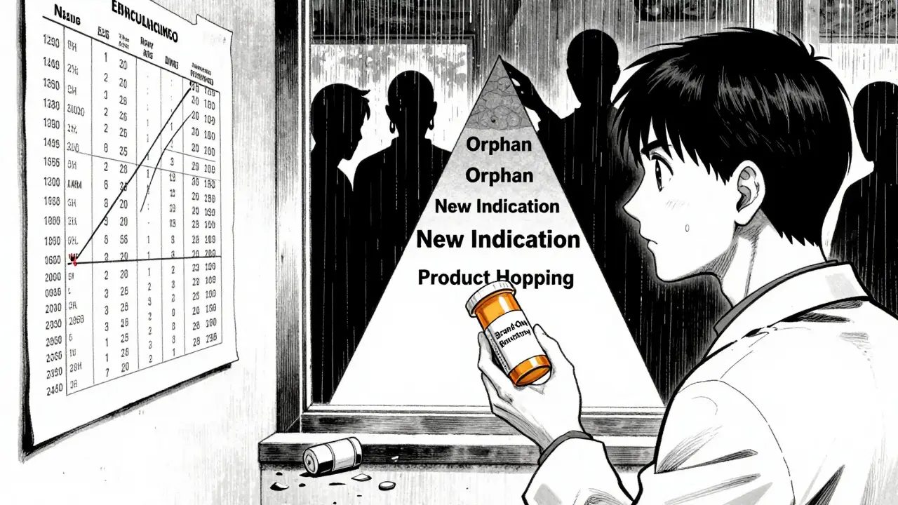 A patient stares at rising drug prices while shadowy figures add layers to an exclusivity pyramid behind them.
