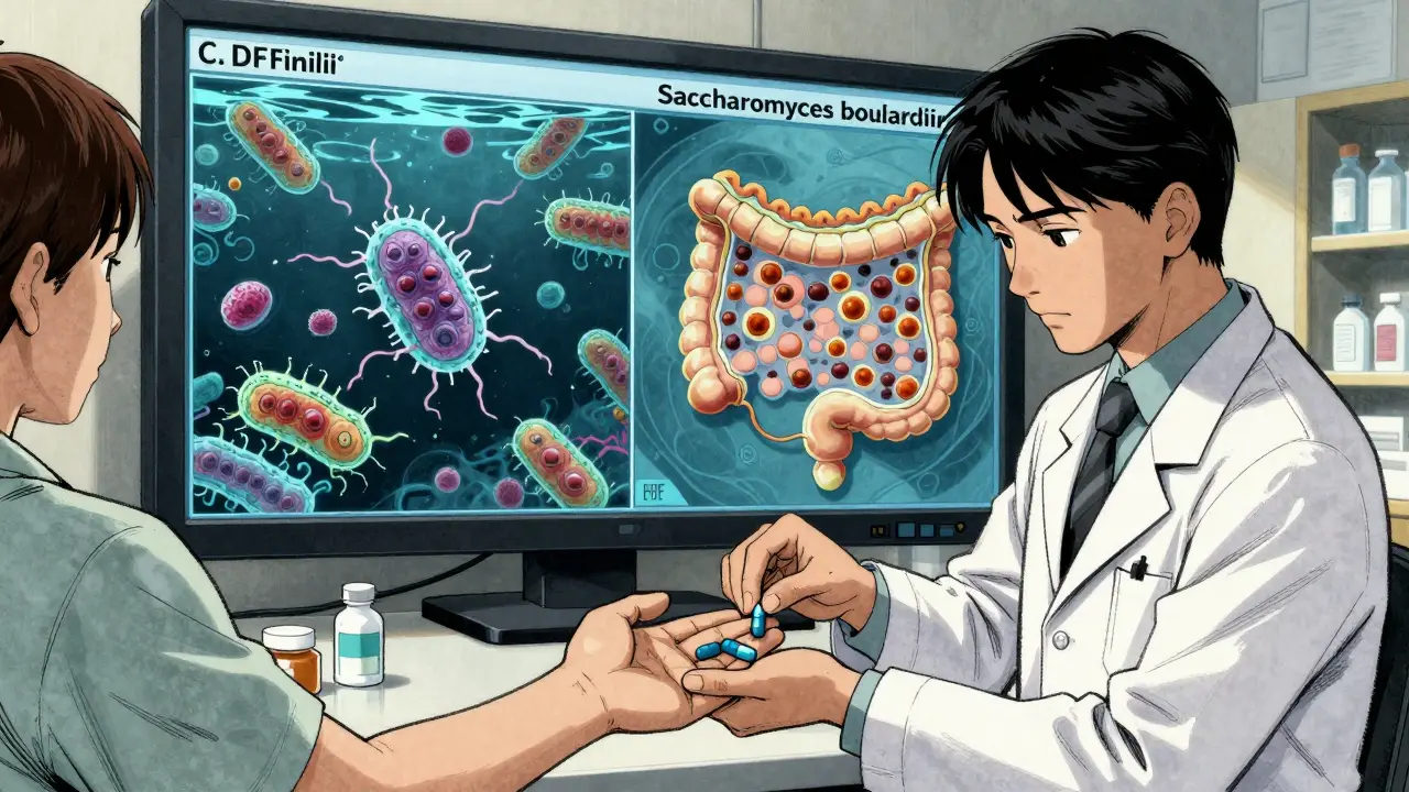 A pharmacist hands probiotics to a patient while a digital screen shows C. diff versus protective yeast in the background.