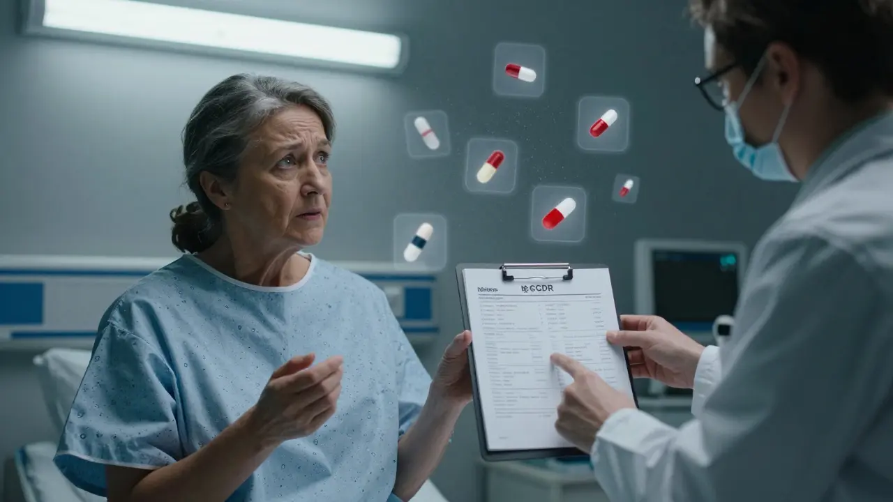 A senior woman and pharmacist reviewing kidney function and anticholinergic risk scores under hospital lighting.