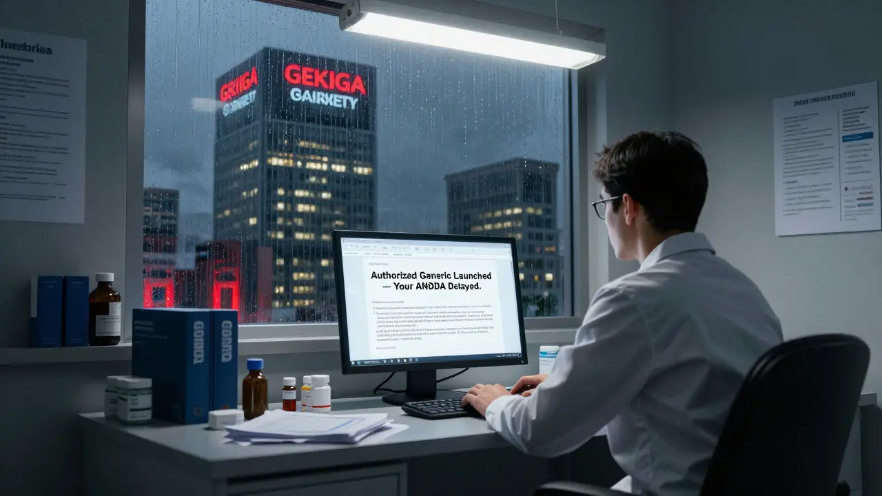 A small generic drug company office overshadowed by a giant pharmaceutical building under rainy night lighting.