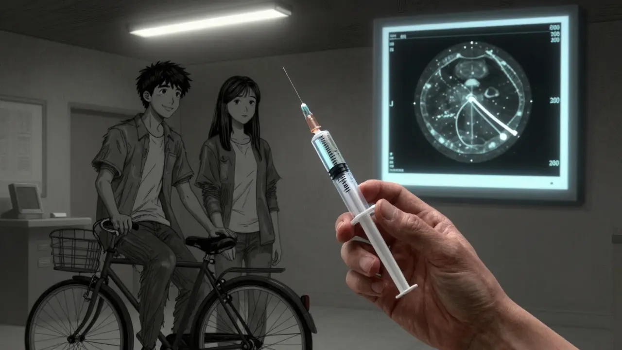 A trembling hand holding an eye injection syringe, with a ghostly past self and OCT scan floating behind, in gritty gekiga style.