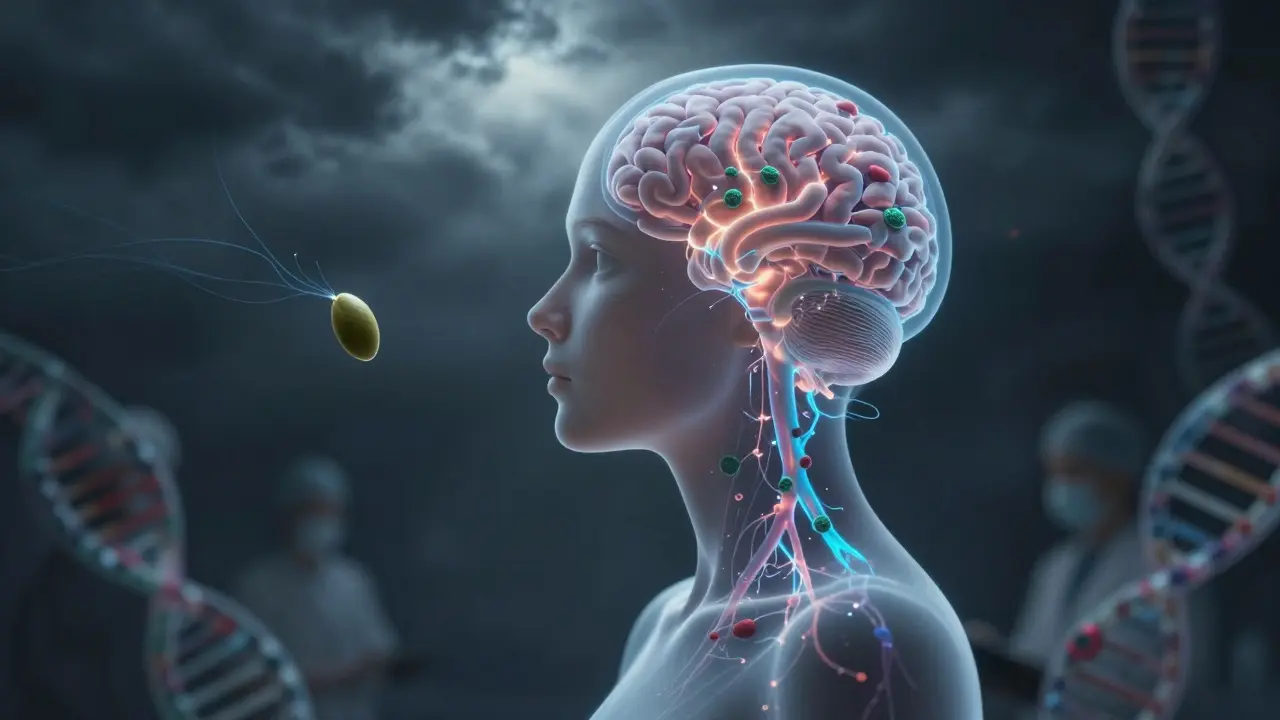 A woman's brain showing fading nerves with one molecule sparking new myelin growth in dim light.