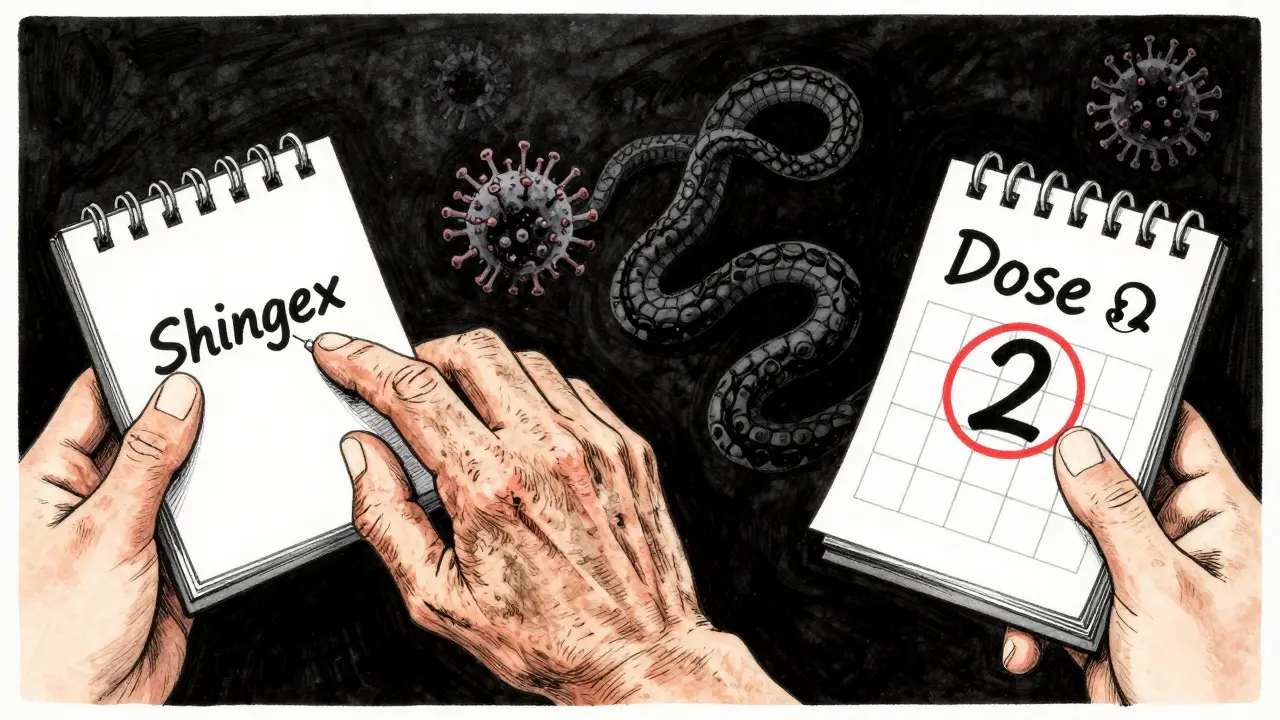 An elderly hand receiving a Shingrix shot, a younger hand marking the second dose date, virus fading in shadows.