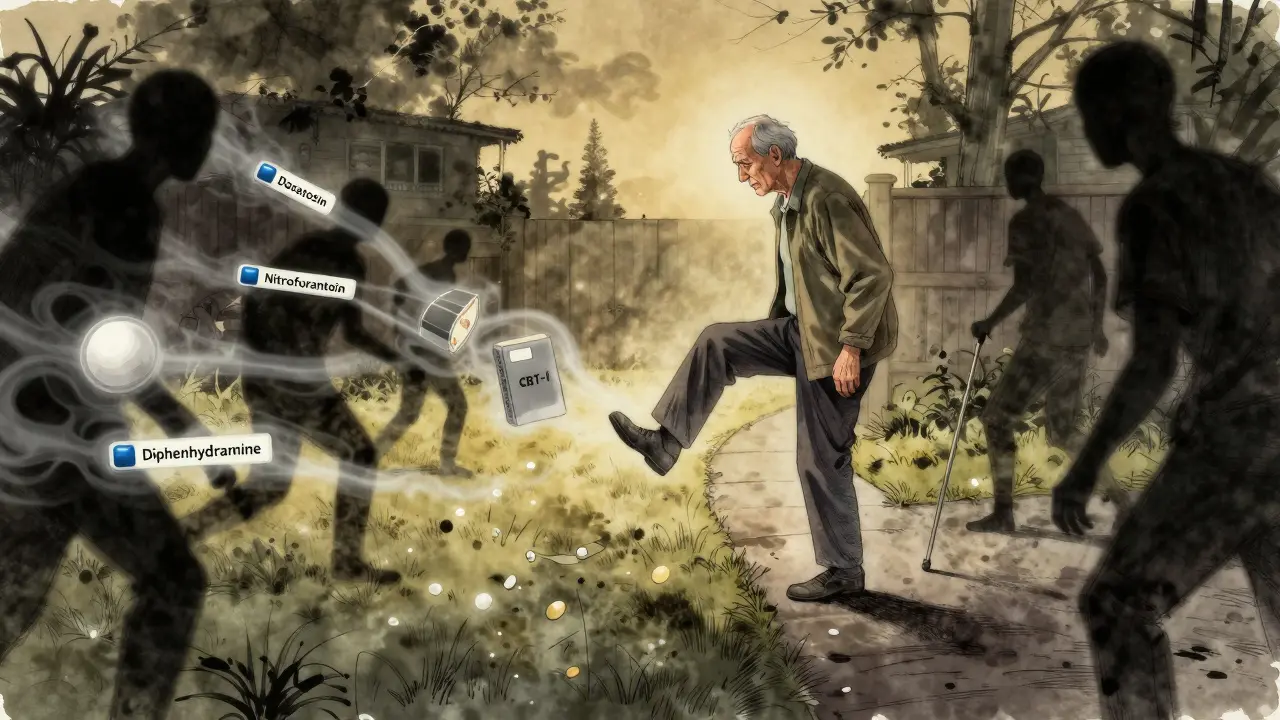 An elderly man mid-step in his backyard as dangerous medications dissolve into smoke, with safer alternatives glowing ahead.